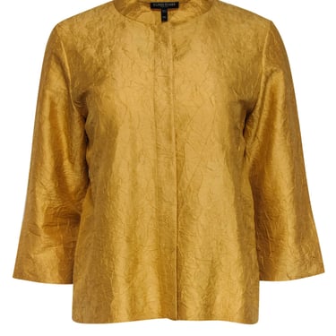Eileen Fisher - Gold Crinkle Textured Cropped Sleeve Button-Up Silk Blouse Sz PM