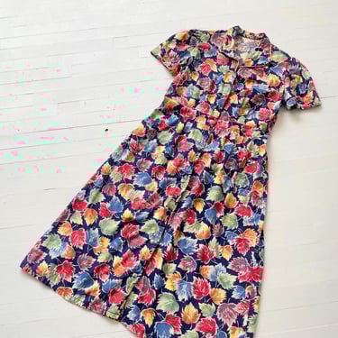 1940s Navy Leaf Print Dress – Snap Front Cotton Daydress with Pockets, L/XL Vintage 