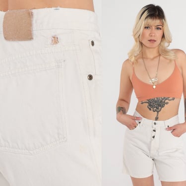 White Denim Shorts 90s Zena Exposed Button Fly Jean Shorts High Waist Jean Vintage Jean Hippie Shorts Small 27 