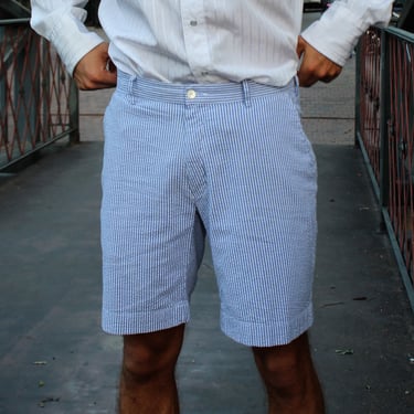 Vintage 1990s Polo Ralph Lauren Shorts, Size 32 Men, blue white striped cotton blend seersucker, flat front 