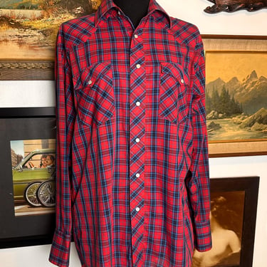 Vintage Wrangler Plaid Western Shirt Pearl Snaps Men's M-L  Extra Long 