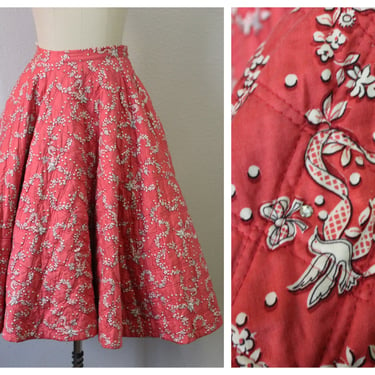 50s Circle Skirt / Vintage 1950s Alex Coleman California Quilted Pink Red Dove Ribbon Rhinestone Novelty Print FULL Circle Skirt 
