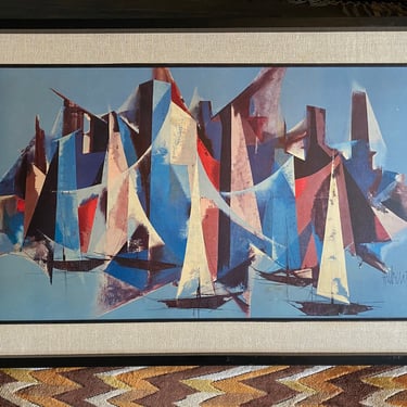 Huge Vintage Signed Abstract Sailboats Giclee 