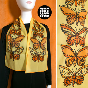Bold Vintage 60s 70s Yellow Orange Butterfly Graphic Long Scarf 