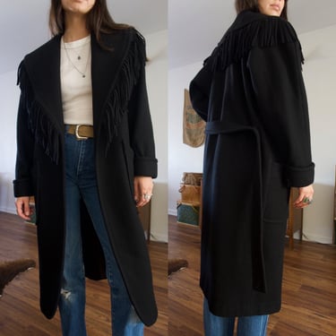 Vintage 90’s Braefair Wool Fringe Tie Black Trench Coat 