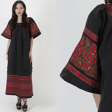 Heavyweight 70s Black Guatemalan Maxi Dress, Vintage Aztec Tribal Print Embroidery, Casual Loose Fitting Bell Sleeves 