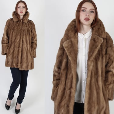 Womens Brown Mink Coat / Vintage 70s Autumn Haze Fur Jacket / Genuine Plush Tan Large Shawl Collar / Warm Opera Stroller Jacket 
