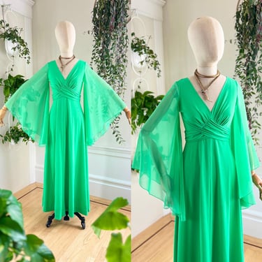 Vintage 1970s Maxi Dress | 40s Green Angel Sleeve Polyester Chiffon Full Length Party Gown | x-small/small 