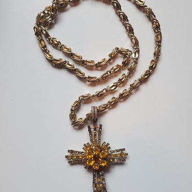 Vintage Cross, Rhinestone and Gold Cross, Renaissance Cross, Mediaeval Jewelry, 