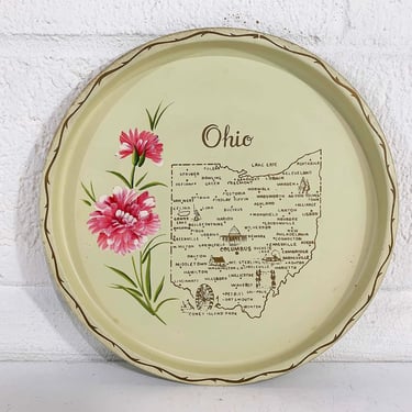 Vintage Metal Ohio Drink Tray Plate Souvenir Retro Round Mid-Century Barware Pink Ivory Beige White Bar Barware State Home Decor 