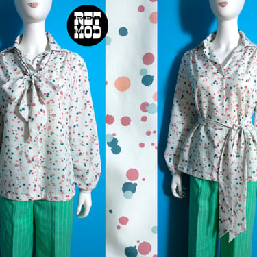 Versatile Vintage 70s 80s Pastel Pink Teal Paint Splat Novelty Print Long Sleeve Button Down Blouse with Matching Tie 