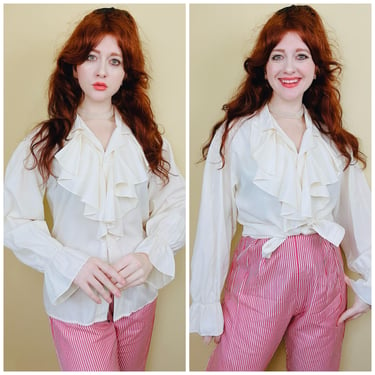 1980s Vintage Notation Cream Rayon Ruffled Blouse / 80s Ruffld Poet Button Up Shirt / Medium 