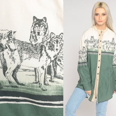 Wolf Pack Shirt 90s Button Up Top Retro Boho Wildlife Animal Novelty Print Long Sleeve White Green Vintage 1990s Mens Extra Large XL 