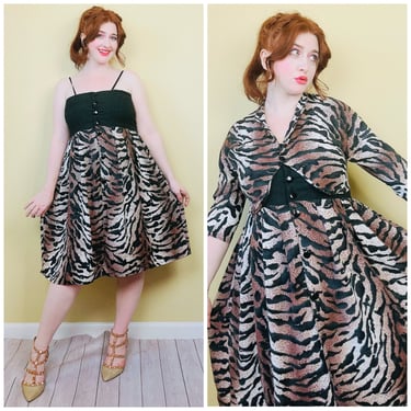 1990s Vintage Tiger Print Babydoll Dress and Bolero / 90s Rayon Empire Waist Sundress and Jacket Set / Size Medium - Large 