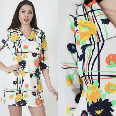 70s Dagger Butterfly Collar Floral Abstract Mini Jersey Dress 