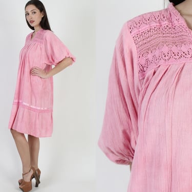 Cotton Candy Pink Puff Sleeve Gauze Dress / Thin Crochet Tie Dye Cover Up / Vintage 80s Kimono Beach Mini Midi 