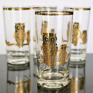 Vintage Culver glassware. 4 Gold Owl cocktail glasses, tall glass tumblers for whiskey highballs or tom collins. Fun collectible MCM barware 