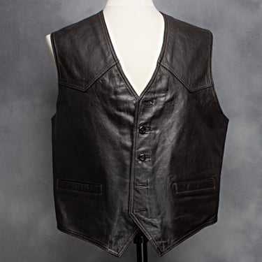 Mens Vintage Dark Brown Leather Vest With Front Pockets & Buttons Size M 