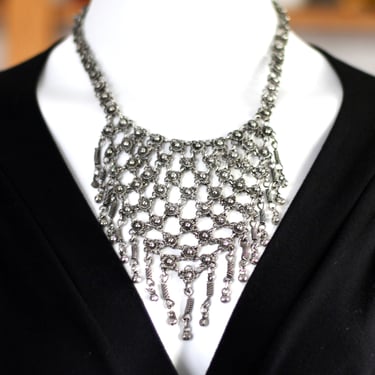 Vintage Rosette Chain Link Bib Necklace with Beaded Fringe - Large Silver Metal Princess Length Statement Necklace 
