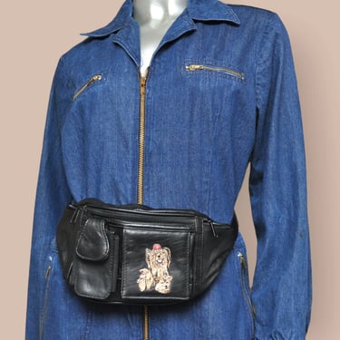 Vintage Black Leather Fanny PACK WITH Yorkie Dog Embroidered Design Unisex Waist Bag 