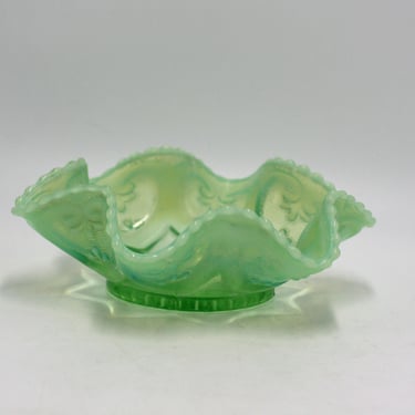 vintage Green Opalescent Candy Dish with Ruffled Edge 