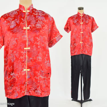 19450s Red Asian Design Pajama Set | 50s Red Jacquard Top & Black Pants Set | Peony Shanghai | Large 