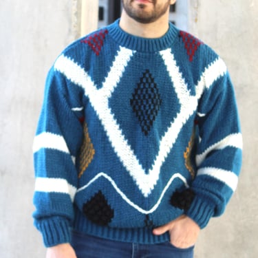 Vintage 1980s Pierre Cardin Sweater, L/XL Men, Multicolor Acrylic Knit, Crewneck Pullover 