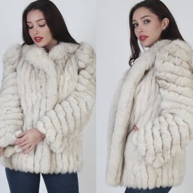 Structured 80s Fox Coat With Pockets / Striped Swirl Sleeve Real Fur Jacket / Arctic Ivory Real Corded Plush Apres Ski Overcoat 