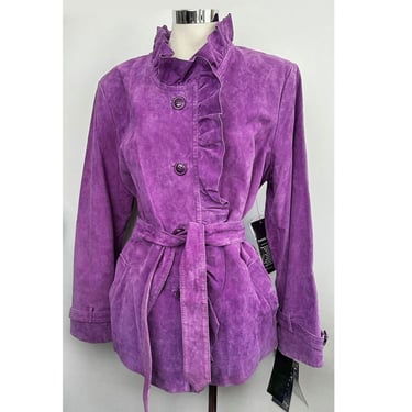 TAGS - Purple Suede Jacket Pamela McCoy, Real Leather, Belted, Ruffles, Coat, NEW with Tags, Vintage, Size Large 