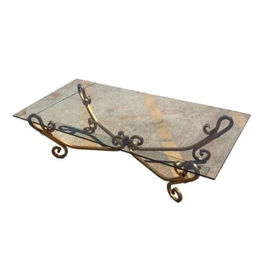 Gold-tone Gilded Wrought Iron Hollywood Regency Cocktail Table w/ Glass Top 