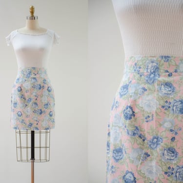 cute cottagecore skirt | 80s 90s vintage pastel blush pink blue romantic rose floral short denim mini skirt 