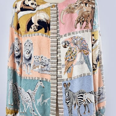1980s PURE SILK Blouse Animal Print Pastel Neutral Colors Vintage Top, Near Mint, Medium Designer Shirt Pink Grey 80's Zoo Animals Elephants 