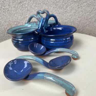 Vintage Bowl Pottery With 3 Spoons Blue Glaze By Jamie De Guzman stamped Studio Art pottery 