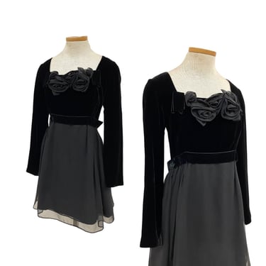 Vtg Vintage 1960s 60s Miss Elliette Black Velvet Rosette LBD Mini Party Dress 