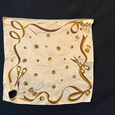 vintage silk tailor's scarf 1950s neutral sewing print keyhole square 