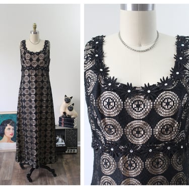 Vintage 1960's Bridgerton Style Empire MCM Designer Black Nude illusion Spiderweb Crochet Knit Holiday Event Maxi Dress // US 2 4 6 