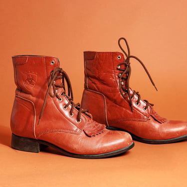 90s Caramel Brown Leather Kiltie Boots Vintage Ariat Lace Up Fringe Boots 
