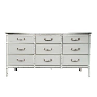 Faux Bamboo Dresser with 9 Drawers - Vintage White Henry Link Style Hollywood Regency Palm Beach Coastal Bedroom Furniture 