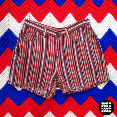Boho Vibes Vintage 90s Rust Maroon Brown Stripe Short Shorts with Pockets 