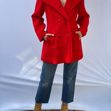 60s Cherry Red Pea Coat / Shaggy Wool / A Modern Classic / Wool Jacket / Long Wool Cropped Sleeves Jacket / Twiggy Coat 