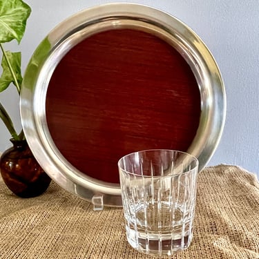 12 inch, Round Serving or Bar Tray, Wm Rogers Silver Plate n Micarta Wood Grain - Vintage, Mid Century Modern, Tea Tray 