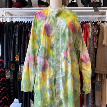 vintage 1990s oversized tie dyed cotton blouse large button up tunic shirt art 