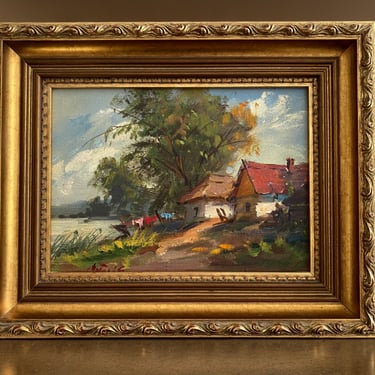 13 X 10.5" Vintage oil painting on canvas. Colorful country landscape cottage scene. Impressionist OOAK original fine art in gold leaf frame 