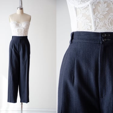 high waisted pants | 80s 90s vintage Giorgio Sant'Angelo pinstripe navy blue wool dark academia wide leg trousers 