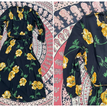 True vintage 1940’s floral print dress | black rayon with yellow poppies, ‘40s crepe dress, M/L 