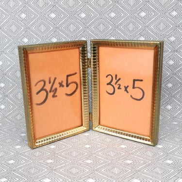 Vintage Hinged Double Picture Frame - Gold Tone Metal w/ Non-Glare Glass - Holds Two 3 1/2