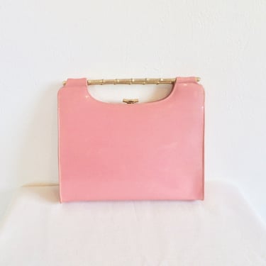 Vintage 1960's Pink Patent Faux Leather Rectangular Structured Purse Gold Metal Bamboo Handle and Hardware Mod Style 60's Handbags 