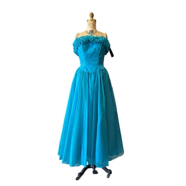 vintage 1980s mike benet formal gown, turquoise and gold, ruffled trim, strapless dress, fit and flare, 28 waist, 1950s style 