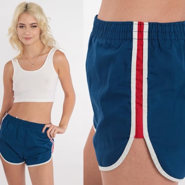 80s Swim Trunks Navy Blue Ringer Bathing Suit Shorts Striped Swim Shorts 1980s Swimsuit Drawstring Shorts White Red Small S 