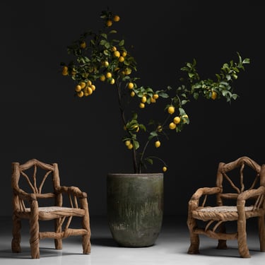 Large Foundry Crucible / Vine Wood Armchairs